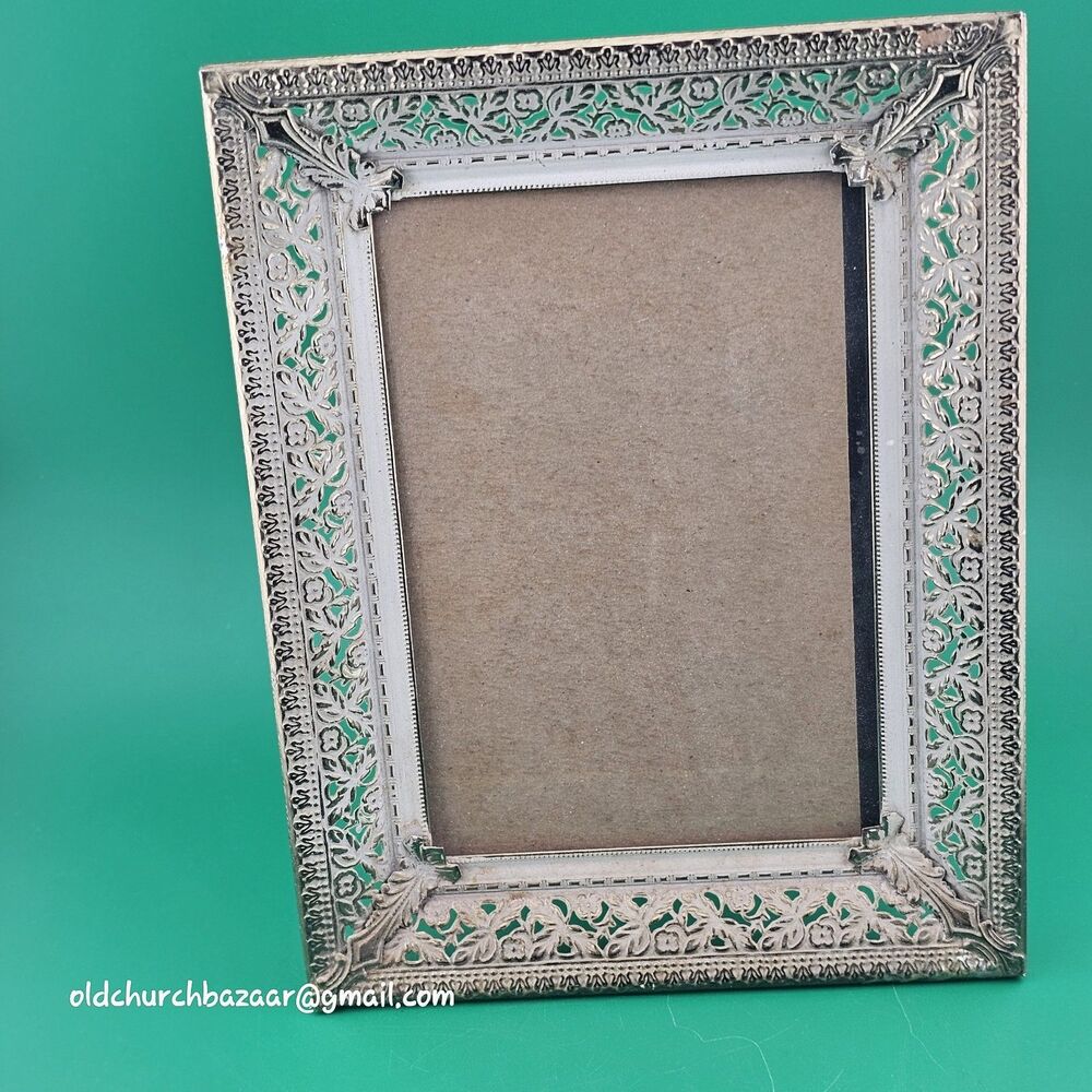 Vintage Gold & White Burnished Filigree Tabletop Picture Frame  7x9" 5x7 Opening